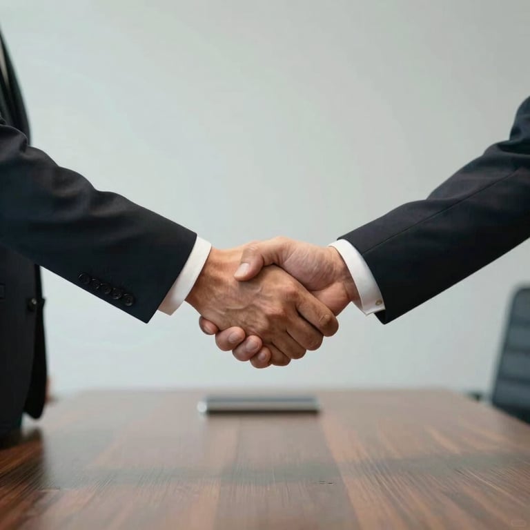 A firm handshake between two business partners in a sophisticated, minimalist boardroom.