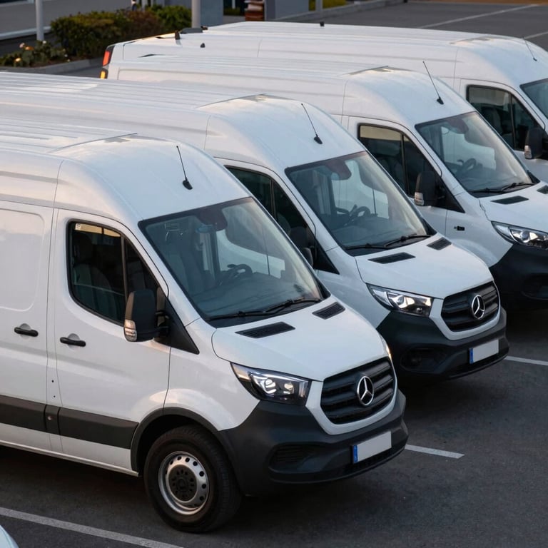 A fleet of professional white service vans with clean branding parked in a row at dawn.