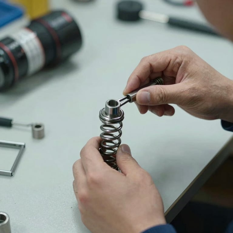 A technician's hands tightening a torsion spring with professional tools on a clean workbench.