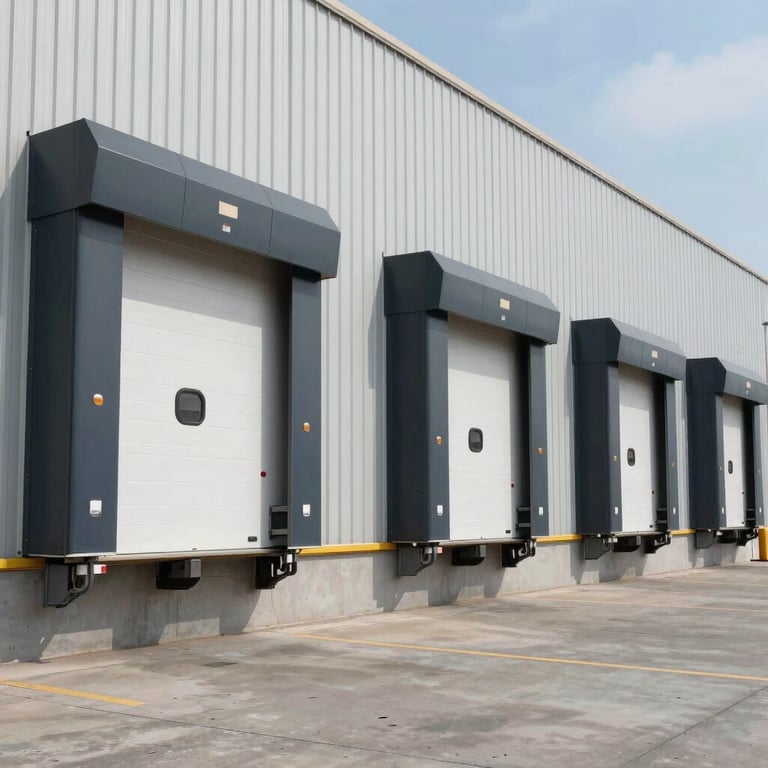 A row of large commercial bay doors at a modern logistics center in the US.