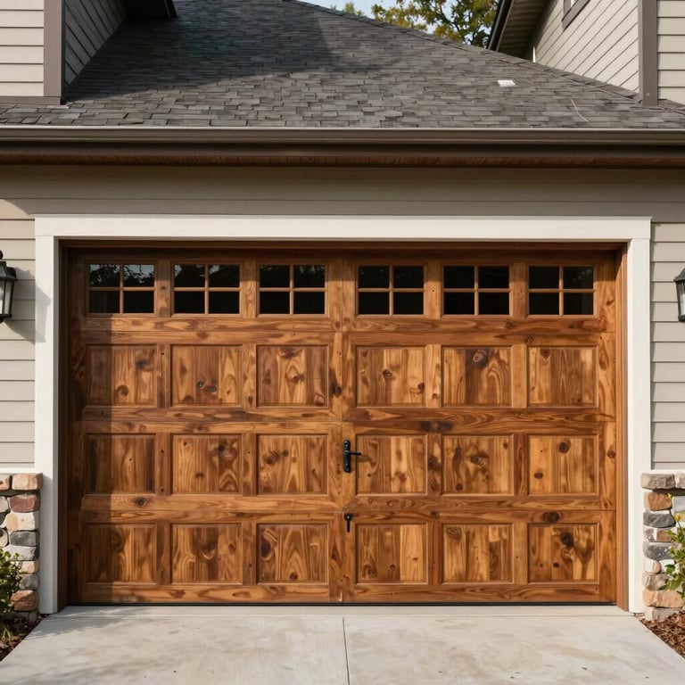A residential wooden-style garage door on a craftsman home in a North American suburb.
