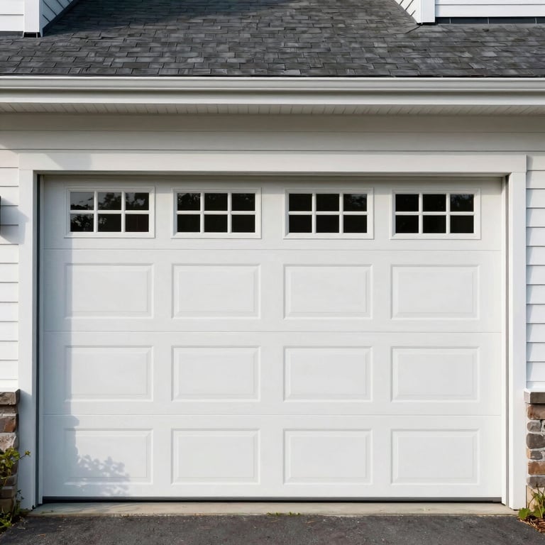 A classic white aluminum garage door with small windows on a traditional North American residence.