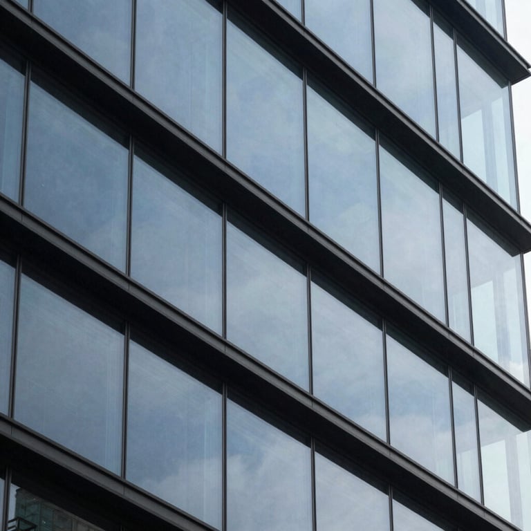 Abstract architectural detail of a glass and steel building reflecting a blue-gray sky.