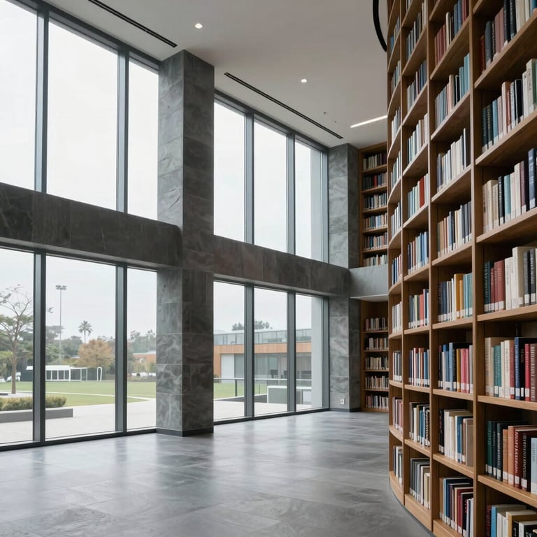 A wide, minimalist library interior in North America with floor-to-ceiling windows and slate gray accents.