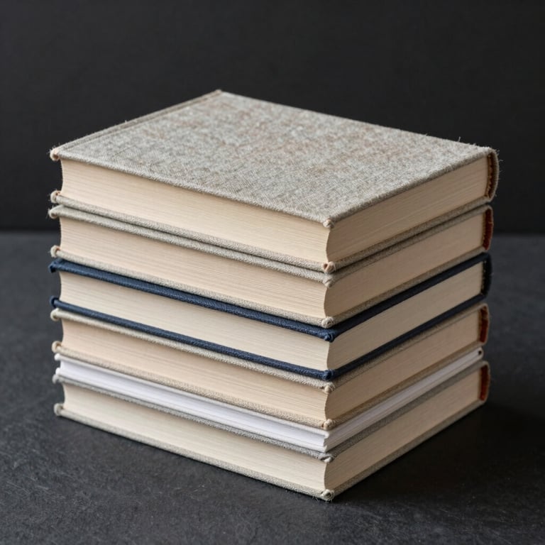 A stack of artisanal, linen-bound books resting on a dark charcoal surface in soft lighting.