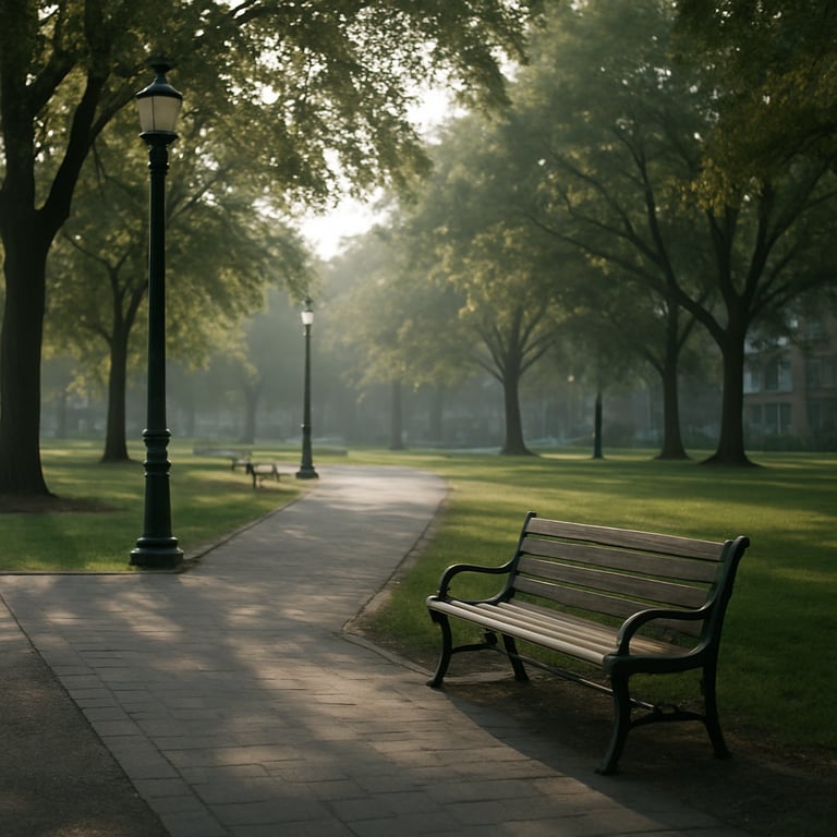 Soft-focus morning light hitting a quiet urban park in a North American city, muted colors and clear space.