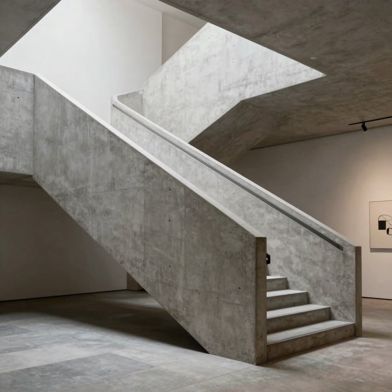 Modernist concrete staircase inside a quiet gallery, showing clean lines and minimalist design.