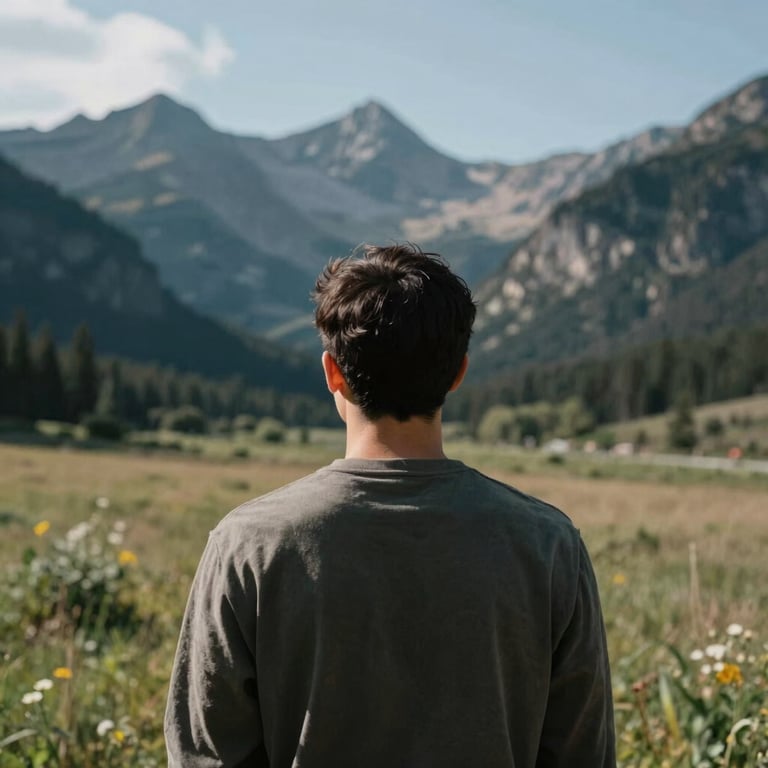 A person viewed from behind, looking out at a serene mountain landscape in the US, evoking deep thought.