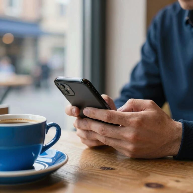 A person in a Northern European / British cafe comfortably using their smartphone, soft sunlight coming through the window, vibrant blue accessories on the table.