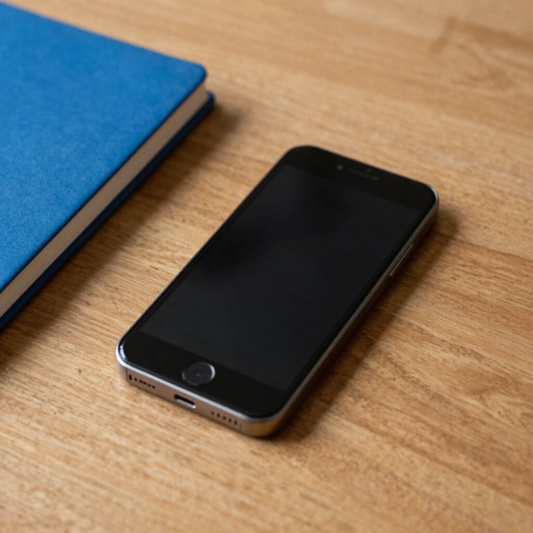 A clean, minimal photography shot of a mobile device on a wooden table in a British setting, with a vibrant blue notebook nearby.