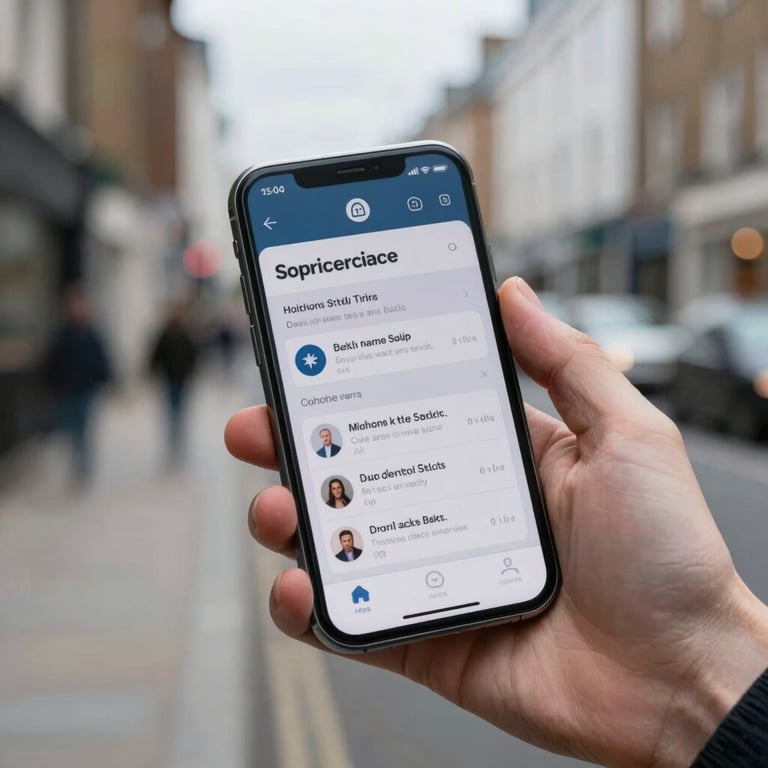 A close-up photograph of a smartphone held in a hand against a blurred Northern European / British city street, showing a clear mobile service interface.