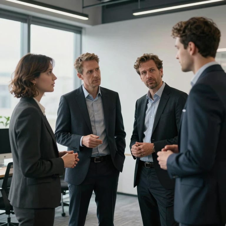 A group of professionals in a modern Northern European / British office discussing connectivity, with dark charcoal and light grey decor.