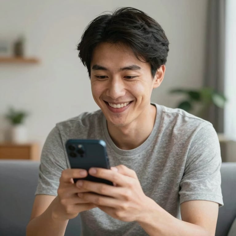 A happy user in a Northern European / British home setting holding their phone, looking pleased with their connection, natural light.