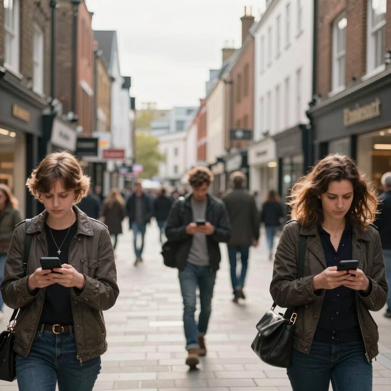 An urban photography shot of a Northern European / British high street where people are connected on their devices, bright and airy atmosphere.