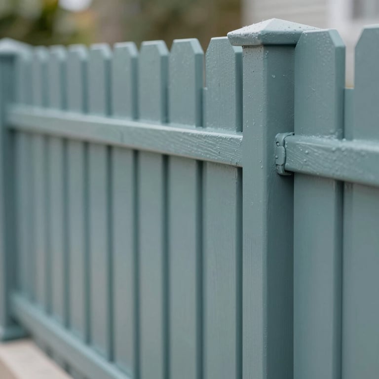 A garden fence with a smooth, professional spray finish in a modern grey-teal tone (#6BA5A8).