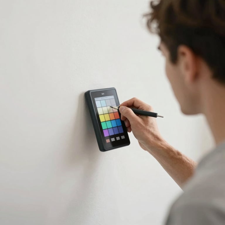 Kin Painters technician using a digital color matcher on a residential wall for perfect accuracy.