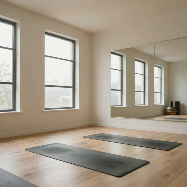 A serene yoga studio with Soft Off-White walls and large windows, reflecting a professional and calm environment.
