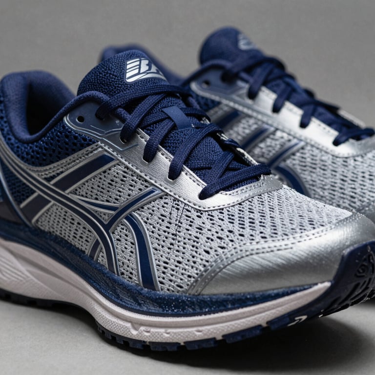 Detailed macro shot of performance running shoes in Midnight Blue and Cool Steel Grey tones.