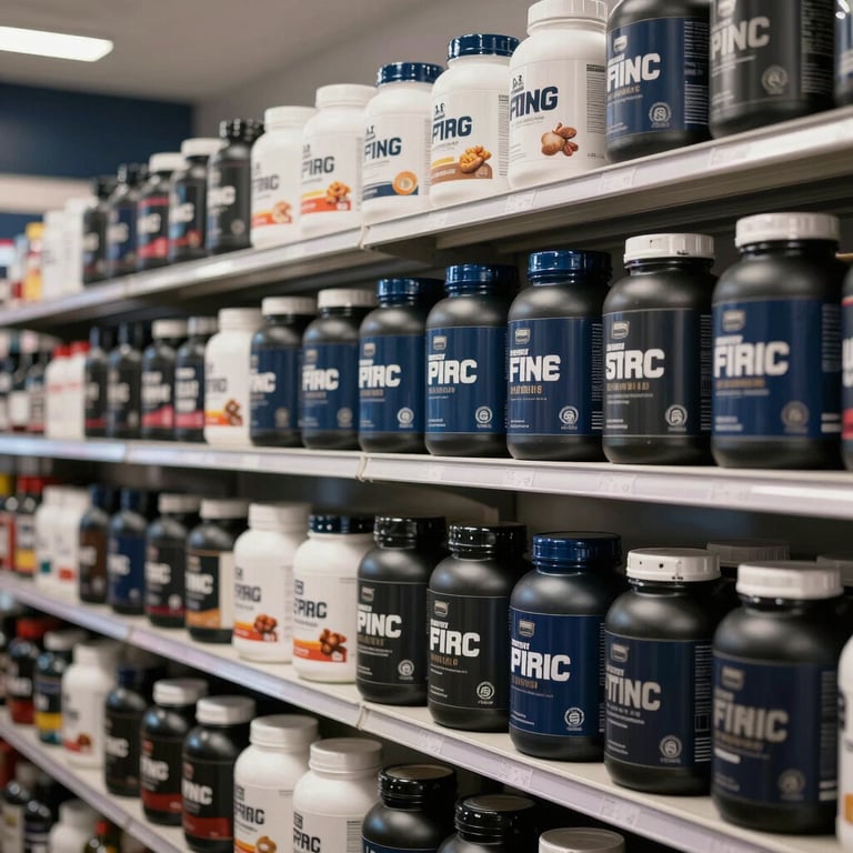 Display of sports nutrition and supplements in a modern, clean retail shop setting with navy accents.
