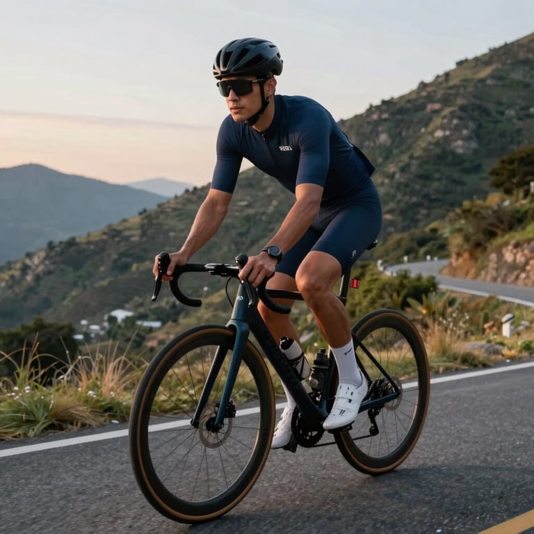 A cyclist riding on a mountain road at dawn, wearing high-tech Deep Navy Blue gear.