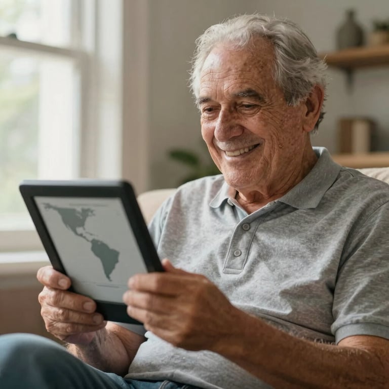 An elder smiling warmly while looking at an e-book reader, relaxed home atmosphere, soft natural window light. Global / Brazilian and International environment.