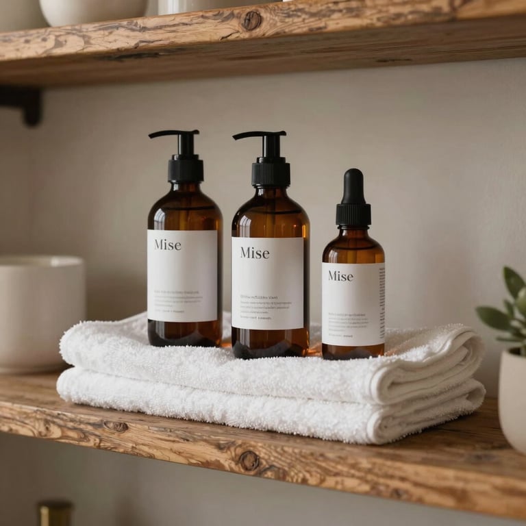Cozy home interior scene with wellness products, elegant bottles, and clean white towels on a rustic shelf, soft lighting. Global / Brazilian and International context.