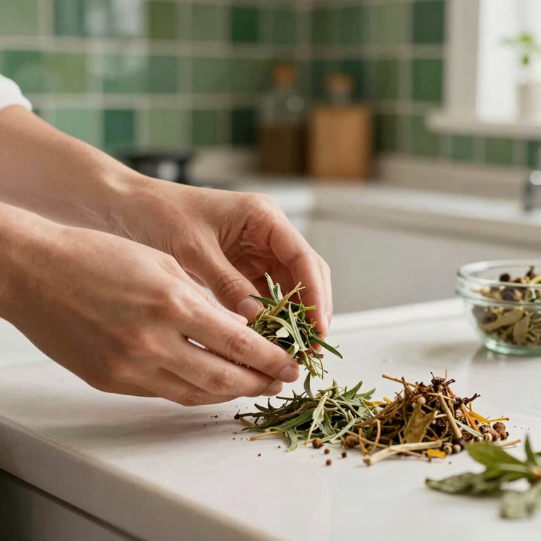 A close-up of hands preparing natural herbal health products in a bright, modern kitchen with forest green tile accents. Global / Brazilian and International style.