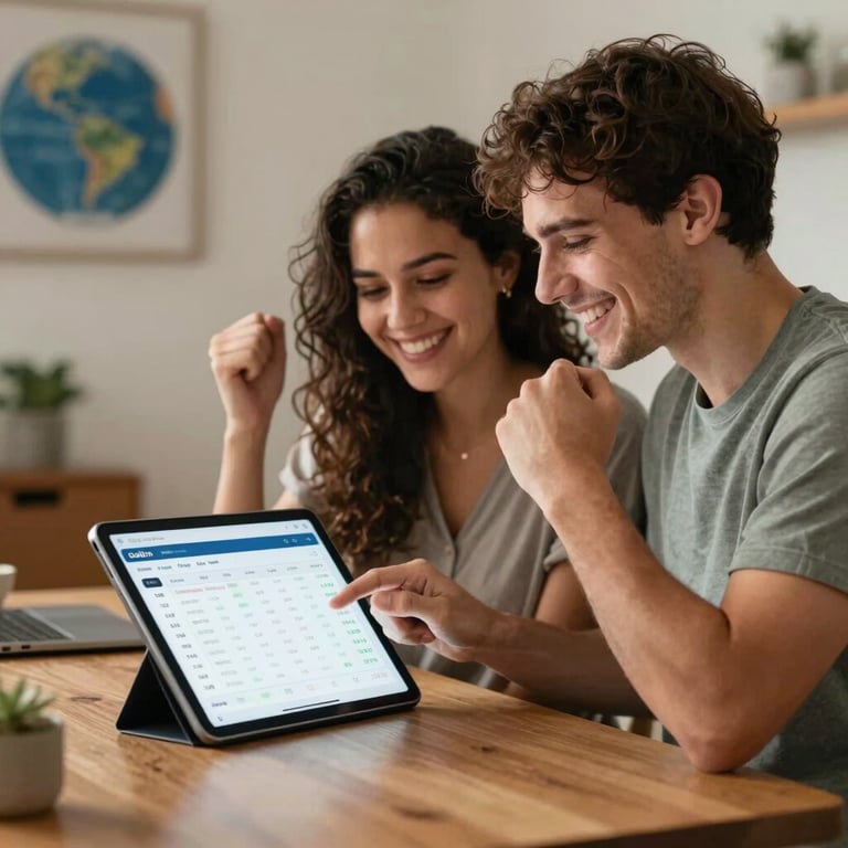 A joyful young couple reviewing their online sales dashboard on a tablet, smiling and celebrating, warm and modern home office. Global / Brazilian and International setting.