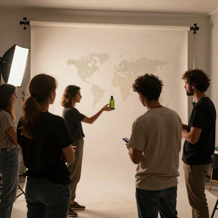 Behind-the-scenes photography of a creative team doing a product photoshoot, soft professional studio lighting, warm vibe. Global / Brazilian and International setting.
