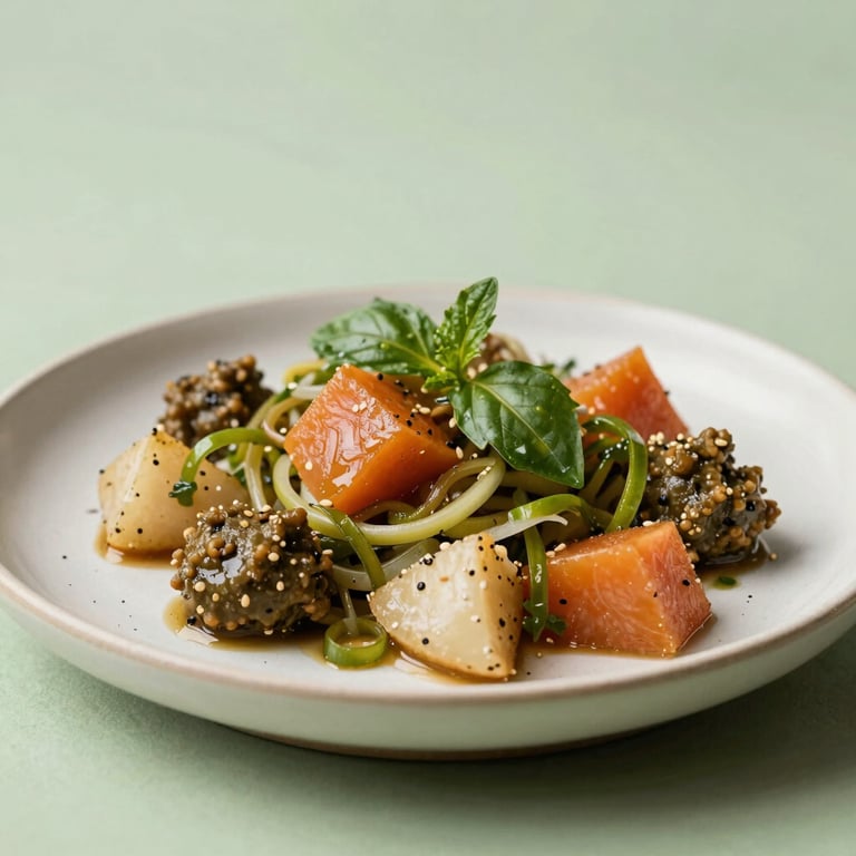 A close-up shot of a healthy Scandinavian dish, fresh ingredients on a light ceramic plate, elegant and minimalist styling with soft green background. Global / Brazilian and International style.