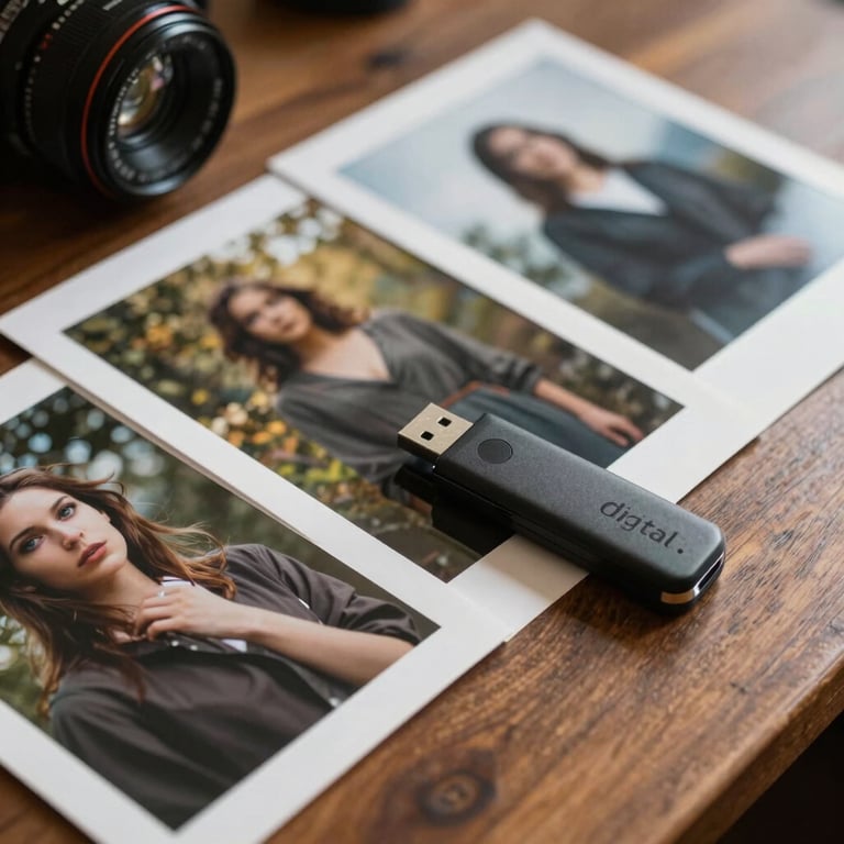 A collection of beautifully restored physical prints and a USB drive resting on a polished wooden table, signifying digital storage.