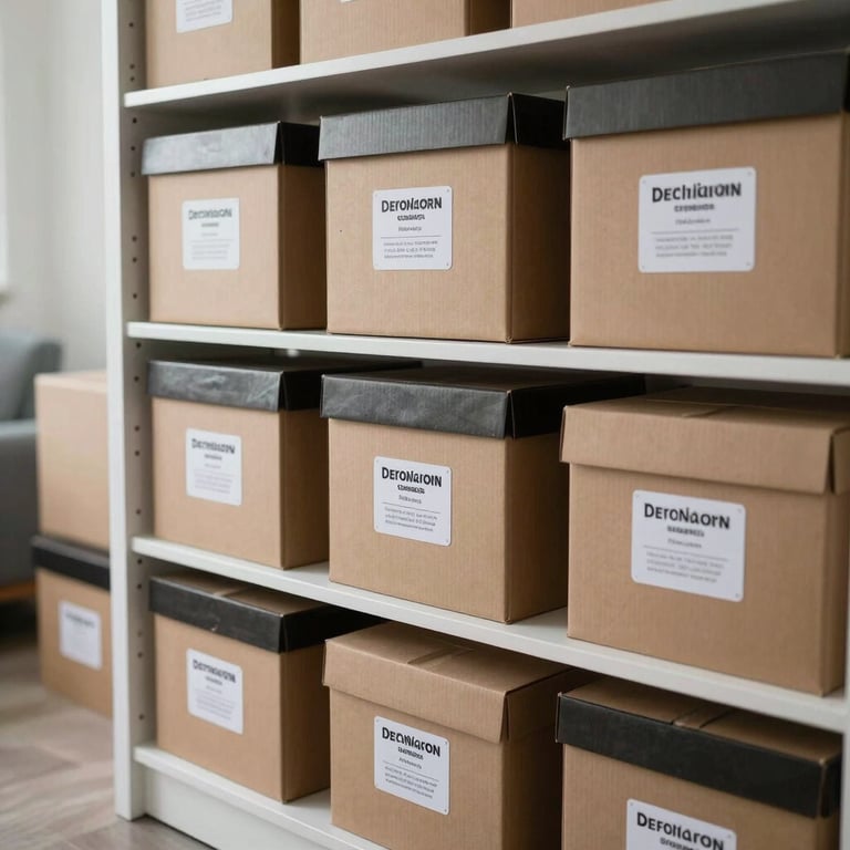 Professional archival storage boxes neatly labeled and stacked in a bright, modern North American home storage area.