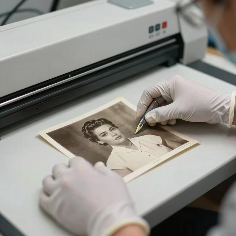 Close-up of a technician wearing white gloves and carefully placing a vintage 1950s photograph onto a modern scanner bed.