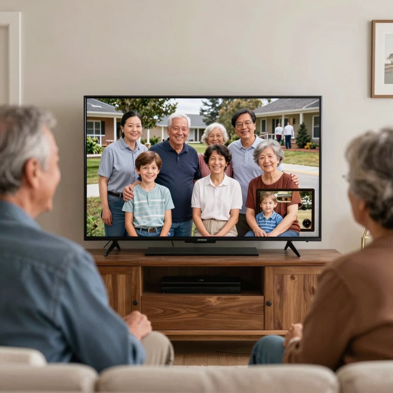A multi-generational family in a North American home smiling as they view a digital slideshow of restored heritage photos on a TV.