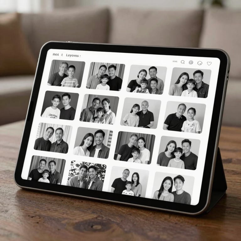 A digital tablet displaying a clean, organized gallery of sharp black and white family photos in a North American living room.