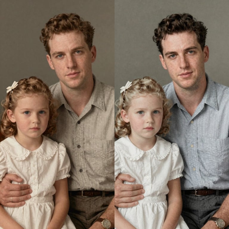 A side-by-side comparison showing a torn 1940s family portrait on the left and a perfectly restored digital version on the right, North American setting.