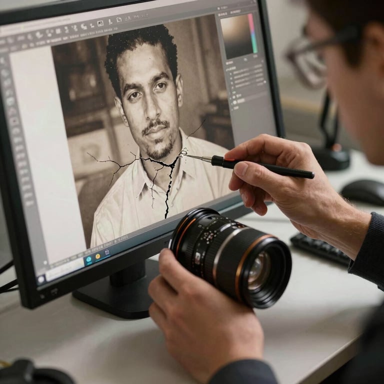 Technician hands using digital tools on a computer monitor to meticulously repair a crack on an old sepia-toned image.
