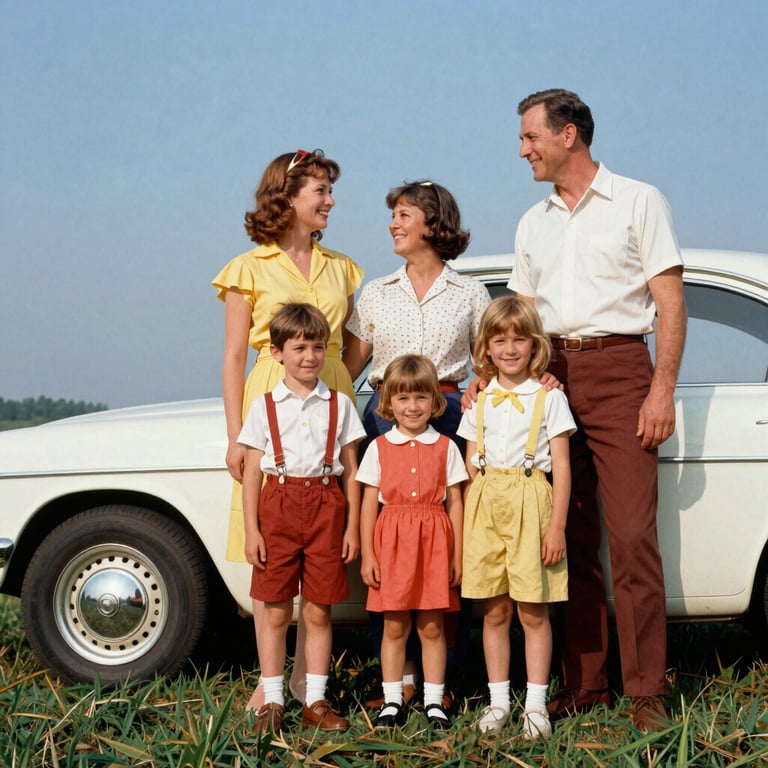 A high-resolution restoration of a 1960s color photo showing a family vacation, with vibrant corrected colors.