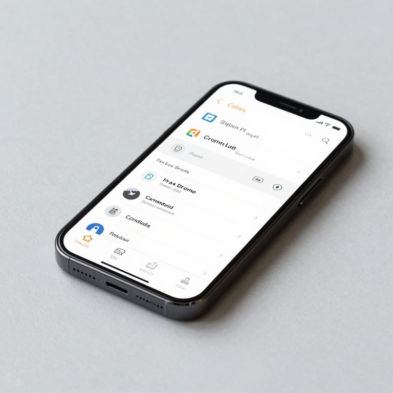 A sharp photograph of a smartphone showing a clean navigation app interface, resting on a Light Mist Gray surface in a bright studio. Global / Tech-savvy.