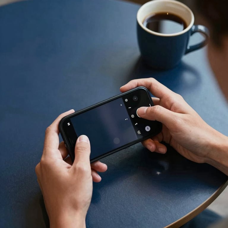 Top-down view of a person using a mobile game at a sleek cafe table, surrounded by Deep Navy Blue decor and a ceramic cup.