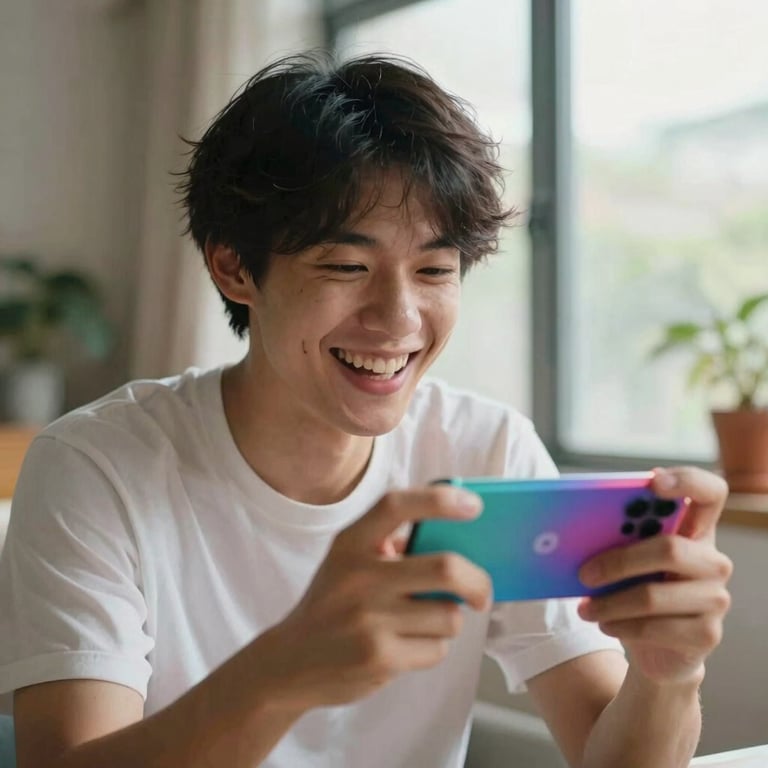 A candid photograph of an individual laughing while playing a colorful mobile game, vibrant morning light through a window. Global / Tech-savvy.
