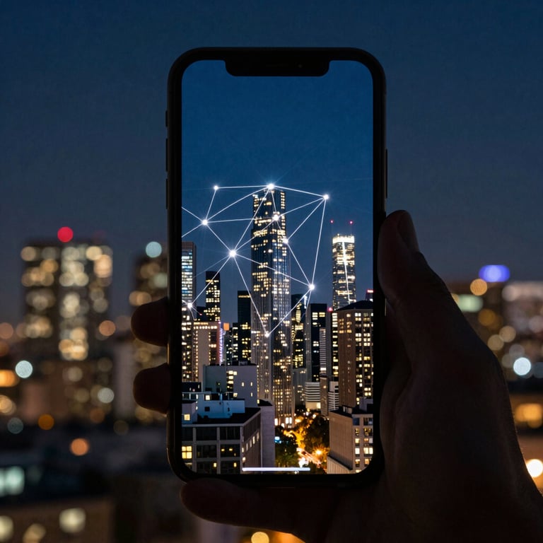 A night-time photography of a city skyline reflected in a phone screen held by a user, symbolizing global connectivity and tech utility.