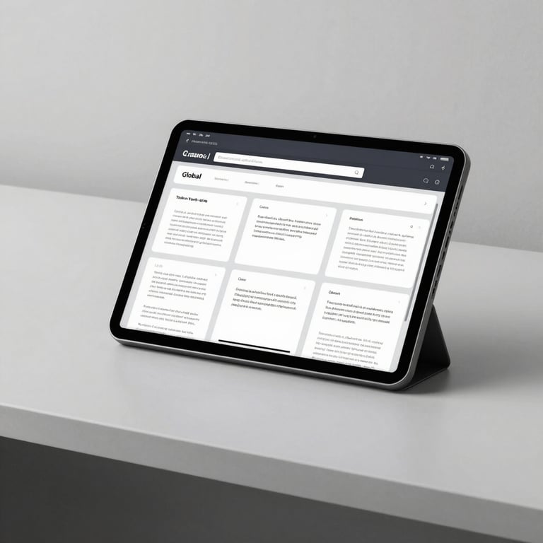 A minimalist workspace featuring a high-resolution tablet displaying app wireframes, Global / Tech-savvy style with clean lines.
