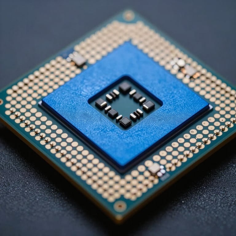 Macro photography of a modern digital processor reflecting Prussian Blue and Steel Blue light, highlighting high-end technology.