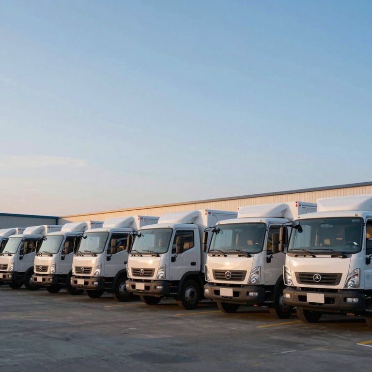 A fleet of clean, organized service trucks parked at a facility in the early morning light under a soft blue sky.
