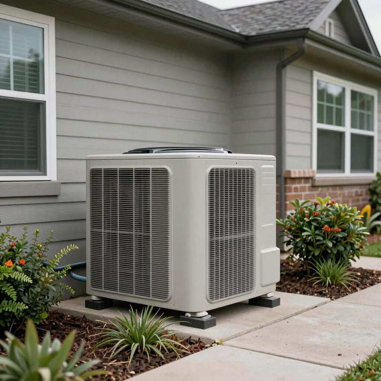 A wide shot of a North American / US home with a modern outdoor AC unit tucked neatly beside a garden path.
