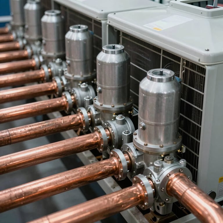 A detailed shot of copper cooling pipes and silver components inside a modern, well-maintained condenser unit.