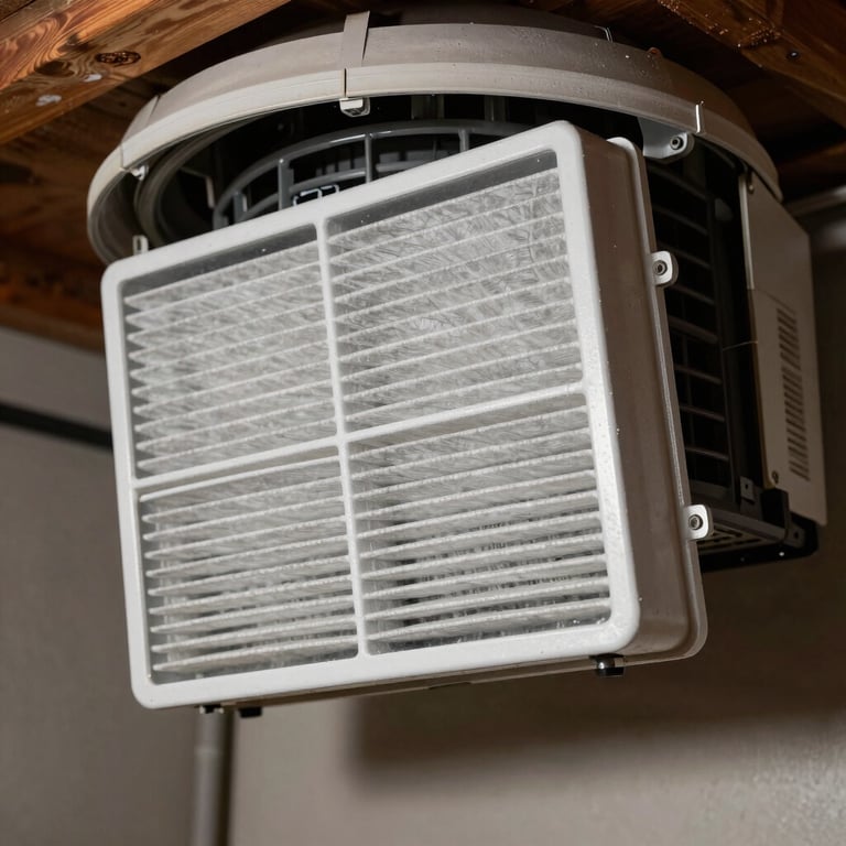 A close-up of a new, high-tech air filter being installed into a central air system in a North American / US basement.