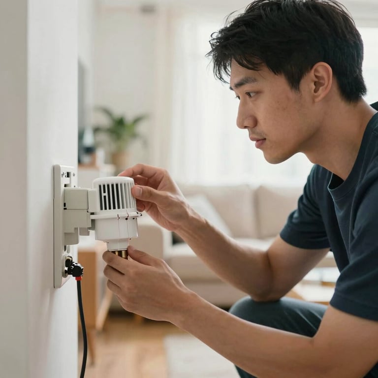 A technician examining a thermostat inside a bright North American / US living room, professional and helpful demeanor.