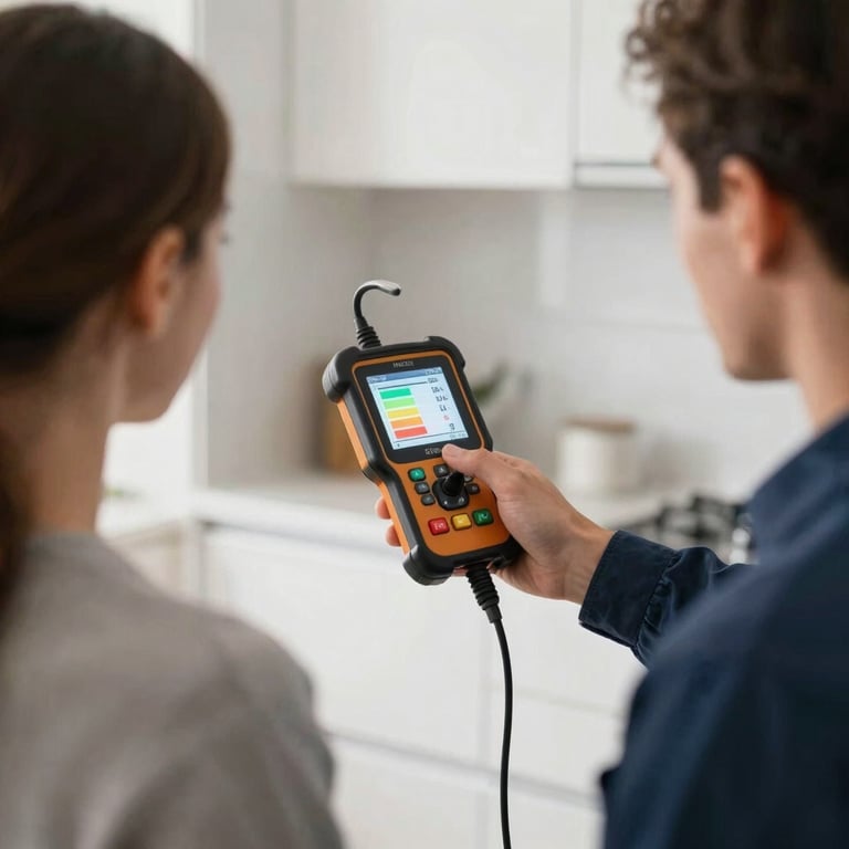 A technician pointing at a digital diagnostic tool showing efficiency ratings to a homeowner in a bright kitchen setting.